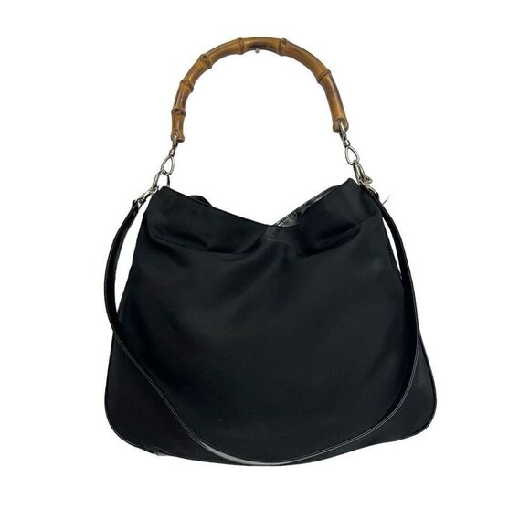 Gucci Black Nylon Two Way Shoulder Bag Bamboo Handle Authentic Tote bag